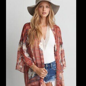 American Eagle Outfitters AEO Floral Ruffle Kimono size L/XL Blue Burnt Orange